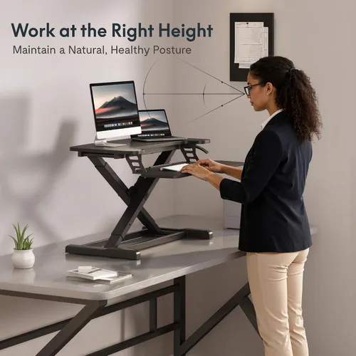 Vista 6 de FLEXISPOT Convertidor de escritorio de pie de 28 pulgadas para espacios pequeños, elevador de escritorio compacto para computadora de pie Negro