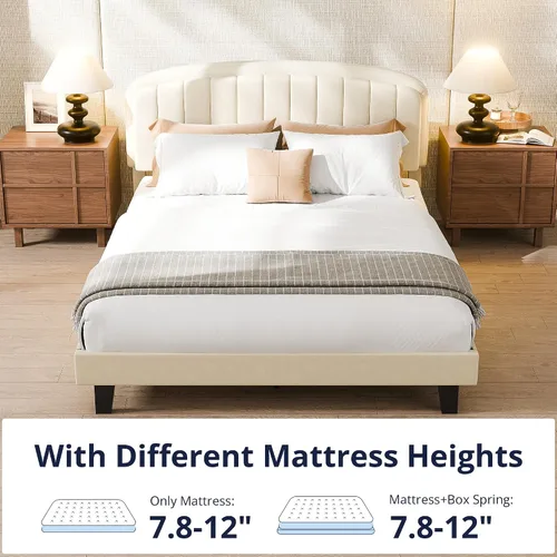 Vista 4 de Base de cama tamaño Queen, moderna cama tapizada de terciopelo, cabecera ajustable, listones de madera fuertes, sin ruido, no necesita somier, fácil