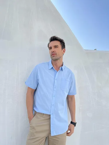 Vista 2 de Camisas casuales de verano de lino con botones para hombre manga corta camisetas de playa de algodón con bolsillo
