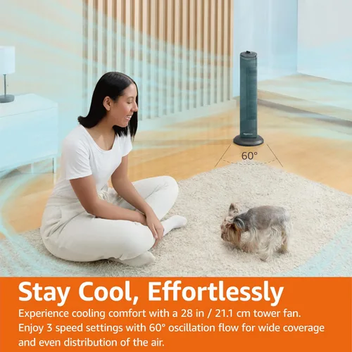 Vista 4 de Amazon Basics Ventilador de torre oscilante de 60 grados de 28 pulgadas para dormitorio, sala de estar, oficina, con 3 velocidades, control mecánico