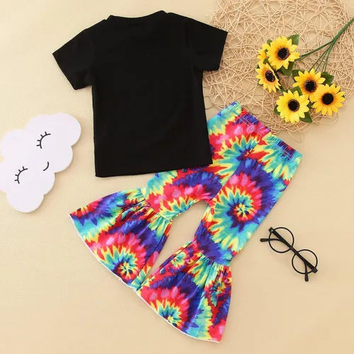 Vista 4 de Conjunto de trajes para niños y niñas, camiseta de manga corta con girasol, pantalones acampanados de teñido anudado