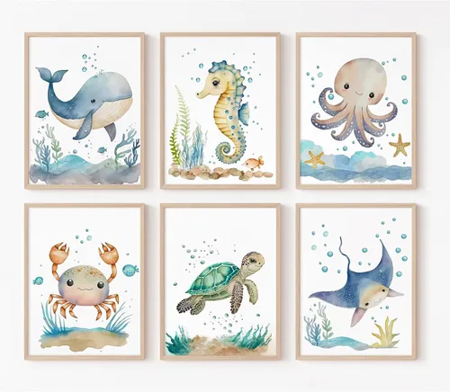 Vista 19 de Juego de 6 decoración de pared de animales marinos para guardería, lienzo de acuarela de océano, arte de pared para habitación de bebés y niños