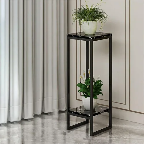 Vista 12 de Mesa cuadrada simple de madera de varios niveles con estante de almacenamiento, soporte para maceta de hierro forjado para sala de estar en Negro