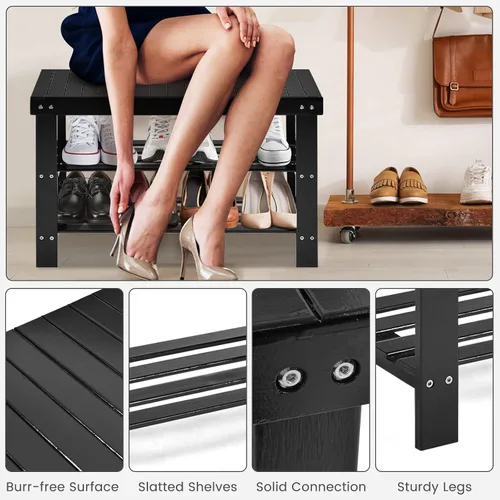 Vista 7 de Giantex Banco de zapatos de entrada, organizador de zapatos de bambú con capacidad para hasta 6 pares, 3 niveles de almacenamiento de zapatos Negro