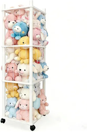 Vista 9 de Almacenamiento de madera para animales de peluche, organizador de juguetes de madera maciza resistente con ruedas bloqueables, fácil