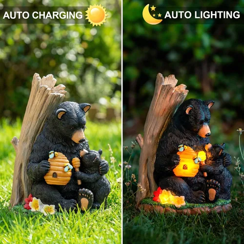 Vista 2 de Candieslife Estatua de jardín de oso solar con colmena brillante y cachorro, figura LED para exteriores, decoración para patio, césped, arte