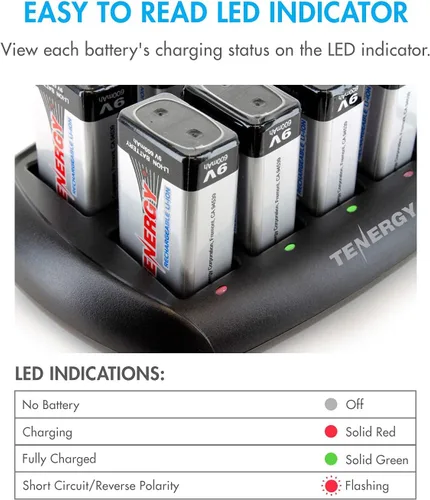 Vista 7 de Tenergy Baterías 9V 600mAh 10PCS Li-ion 9 voltios baterías recargables con 10 ranuras Li-ion 9V cargador de batería para alarma de humo/detector