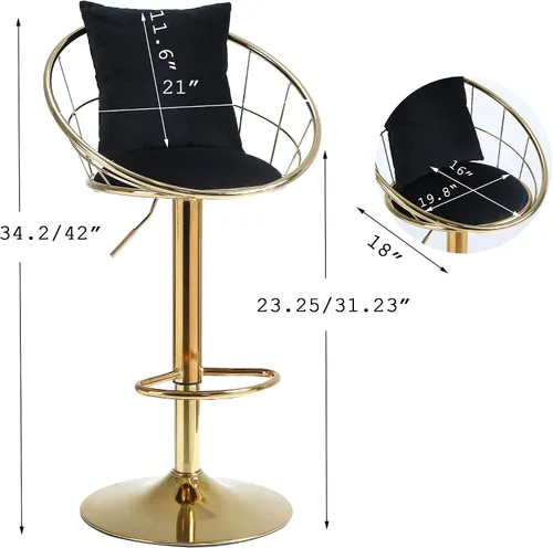 Vista 3 de Taburetes de bar giratorios de terciopelo con respaldo bajo y reposapiés, taburetes de bar ajustables con almohada, taburete de bar dorado de lujo