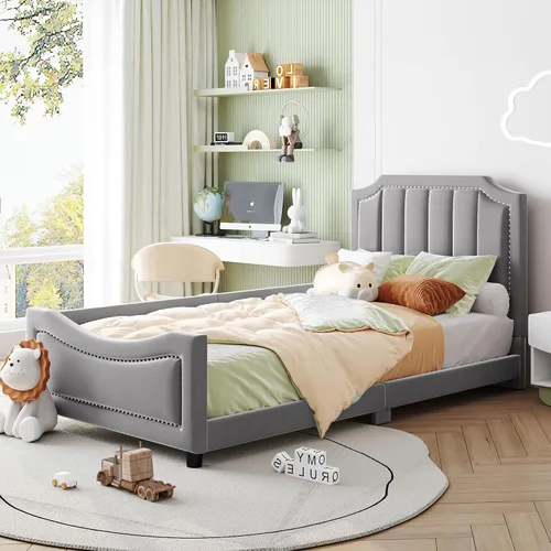 Vista 3 de Harper & Bright Designs Sofá cama tapizado con plataforma de terciopelo individual, cabecera clásica a rayas, sofá cama de madera para adultos