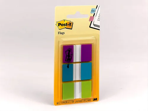 Vista 2 de Post-it Banderas, 0.94 pulgadas x 1.7 pulgadas, un dispensador con 20 pestañas adhesivas en morado, azul y verde (60 banderas en total), marcadores