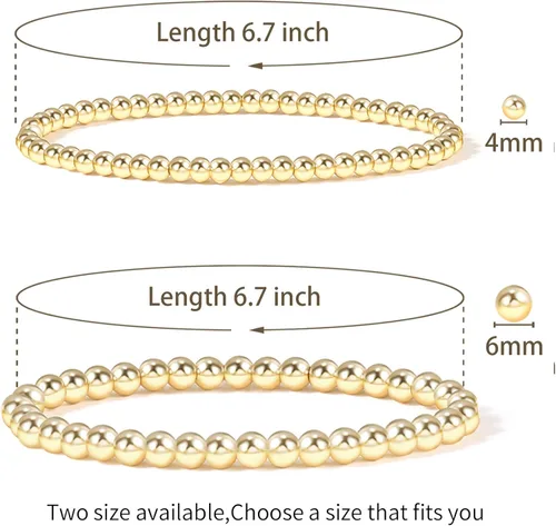 Vista 2 de Pulsera para mujer con cuentas chapadas en oro de 14 quilates, pulsera elástica de cuentas redondas