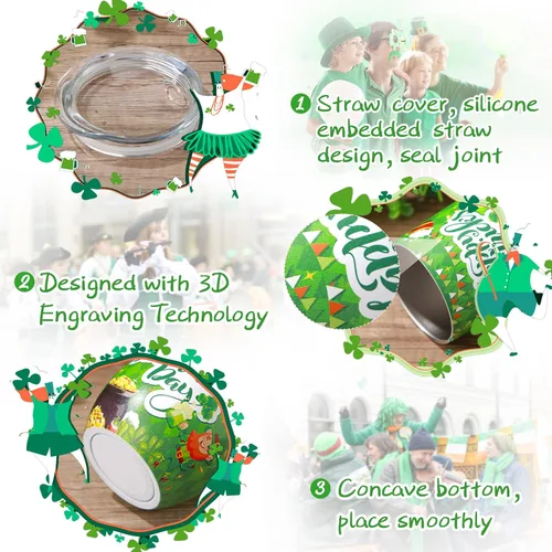 Vista 3 de Zopeal 4 vasos de vino del Día de San Patricio, tazas de café de acero inoxidable de 12 onzas, regalos irlandeses para mujeres y hombres, vasos