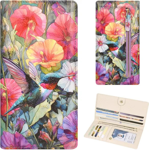 Vista 18 de Billetera para mujer, billetera RFID extradelgada, bolso plegable de cuero, con 11 ranuras para tarjetas y ventana de identificación, lindo monedero