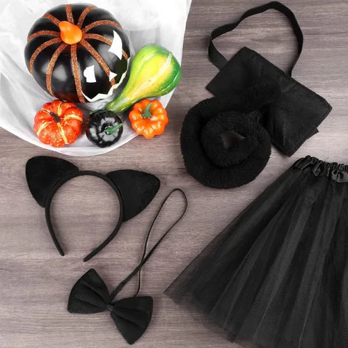 Vista 7 de URATOT Paquete de 4 diademas con orejas de gato falda tutú de gato accesorios de disfraz de Halloween