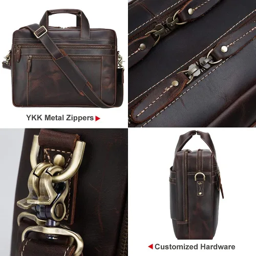 Vista 6 de TIDING Maletín de cuero genuino de 17 pulgadas para portátil de mensajero para hombres de negocios de viaje bolsa de hombro
