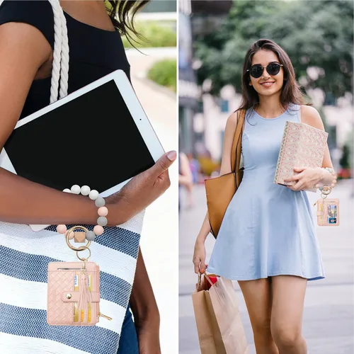 Vista 3 de COOLANS - Cartera con pulsera, llavero y borla para mujer, tarjetero de bolsillo para tarjetas de crédito, bolso pulsera