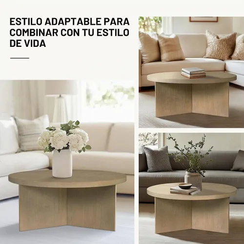 Vista 7 de Martha Stewart Sadie - Mesa de centro redonda – Parte superior de chapa Starburst, acabado de madera gris recuperada, acento moderno para sala