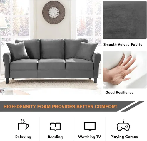 Vista 3 de Sofá tapizado de terciopelo de 3 plazas con 2 almohadas, sofá moderno de 78 pulgadas con patas de madera maciza para sala de estar, apartamento