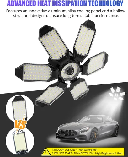 Vista 4 de Tudoccy Luces de garaje, paquete de 2 luces LED de techo de garaje de 34000 lúmenes, 6500 K, luz LED para tienda, 6 paneles ajustables, bombilla