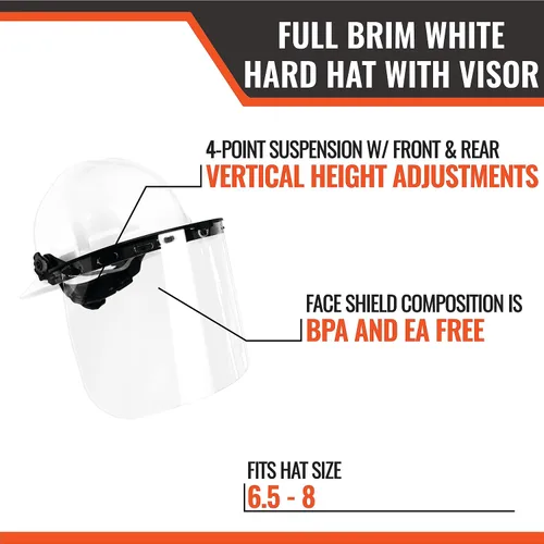 Vista 3 de Malta Dynamics Casco duro de ala completa fabricado en Estados Unidos con visera ajustable y protector facial, cumple con OSHA/ANSI