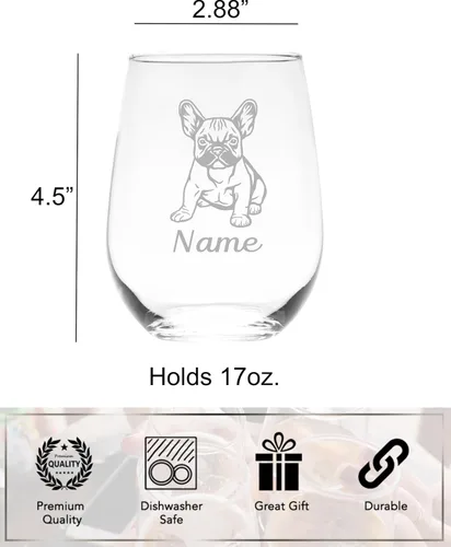 Vista 5 de C M Vaso de vino sin tallo personalizado para perro Bulldog francés con nombre, 17 onzas, regalo personalizado para perros para mujeres y hombres