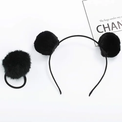 Vista 2 de lasenersm 4 piezas (2 pares) de diadema de pompón peludo y cintas elásticas para el pelo, orejas de animal de piel sintética mullida, diadema