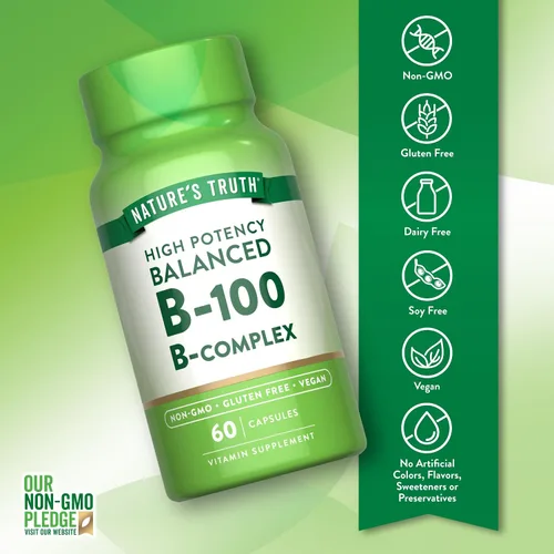 Vista 3 de Nature's Truth Complejo de Vitamina B para Mujeres y Hombres 60 Cápsulas B-100 de alta potencia Suplemento vegano, sin OMG y sin gluten