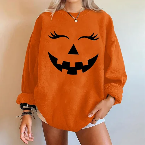 Vista 2 de Sudaderas con estampado de calabaza de Halloween para mujer, manga larga, cuello redondo, para otoño, tallas S-2XL