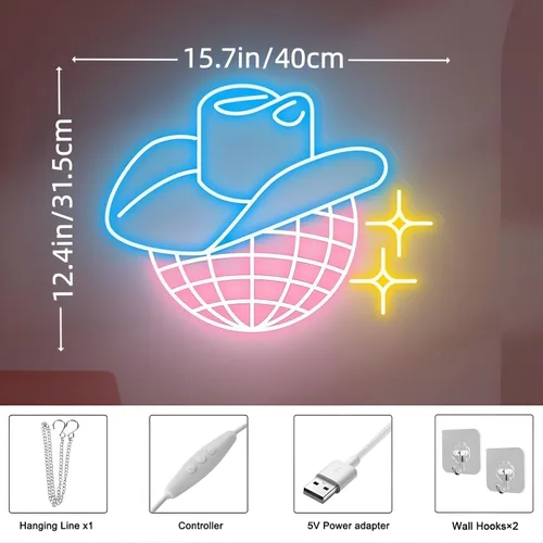 Vista 2 de Letrero de neón de bola de discoteca, sombrero de vaquero regulable, luces LED de neón para decoración de pared, letrero iluminado para dormitorio