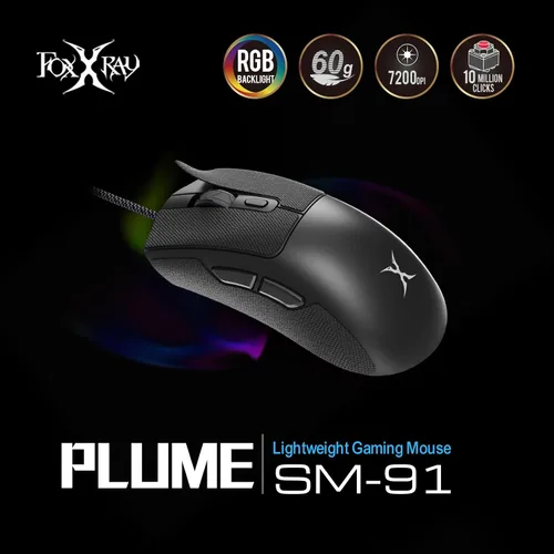 Vista 2 de FOXXRAY Ratón para juegos SM-91 RGB, 7200 DPI, mouse óptico ligero con cable de 2.12 oz con 7 botones programables, agarres antideslizantes, cable