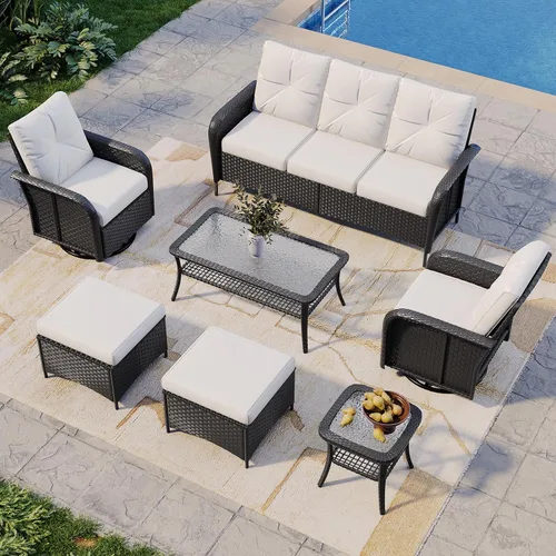 Vista 9 de Aoxun Juego de muebles de mimbre de ratán de 10 piezas con mesa para fogata Gris