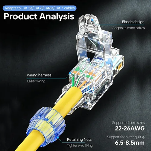 Vista 3 de EZ-Click - Conectores Cat7 RJ45 reutilizables sin herramientas, paquete de 6 conectores Ethernet de 10 Gigabit/s, no necesita engarce, para cable