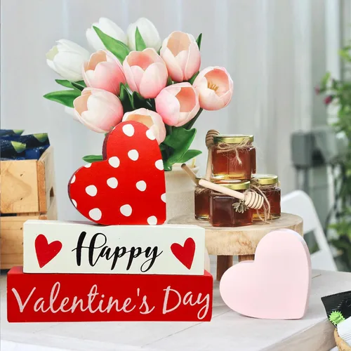 Vista 2 de Letrero de madera para el día de San Valentín, decoración de mesa de corazón para bandejas escalonadas, estante de café, barra de madera, decoración
