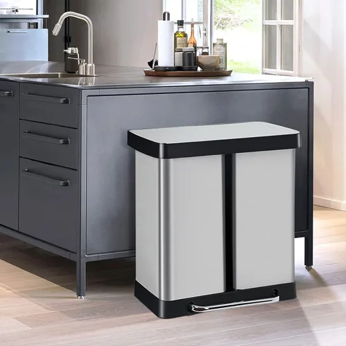 Vista 6 de Basurero de cocina de acero inoxidable de 16 galones/60 litros con tapa y doble barril, cubo de basura clasificado de alta capacidad para reciclaje