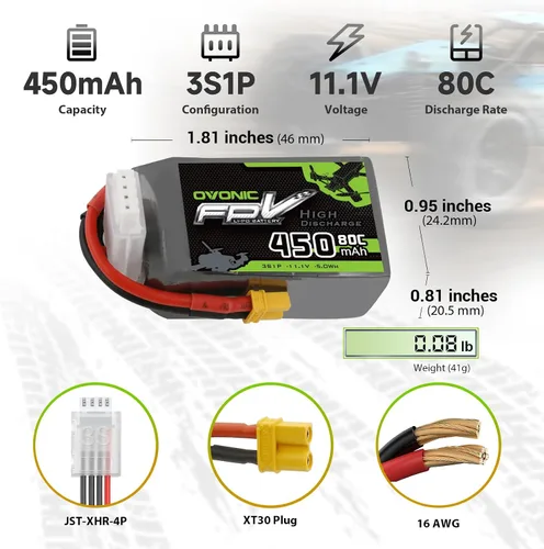 Vista 2 de OVONIC Batería Lipo de 11.1V 80C 450mAh 3S con enchufe XT30 [1 paquete que incluye 2 baterías]