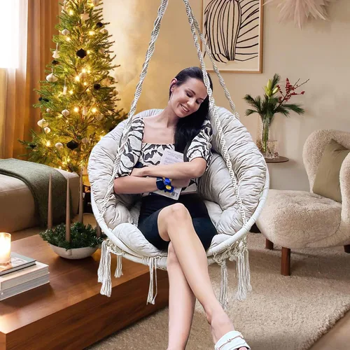 Vista 2 de Silla hamaca con cojín, silla columpio de macramé hecha a mano con kits de accesorios para colgar, estilo bohemio, silla colgante de cuerda de Beige