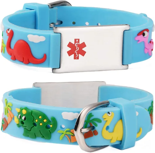 Vista 23 de LinnaLove Medical Alert ID Bracelet – Custom or Pre-Engraved, QR Code Available,Blue Dinosaur Band