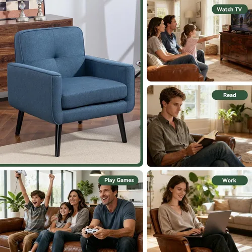 Vista 4 de Silla Accent de mediados de siglo, silla moderna de tela con estructura de madera, sillón acogedor para lectura con respaldo cómodo