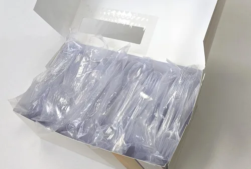Vista 6 de Juego de cubiertos desechables transparentes resistentes de 360 piezas: 180 tenedores, 120 cucharas, 60 cuchillos, cubiertos de plástico sin BPA