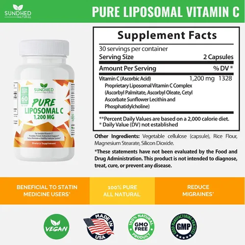 Vista 3 de Vitamina C liposomal pura – 1200 mg de refuerzo de la salud del sistema inmunológico y colágeno, ayuda a las vitaminas antienvejecimiento