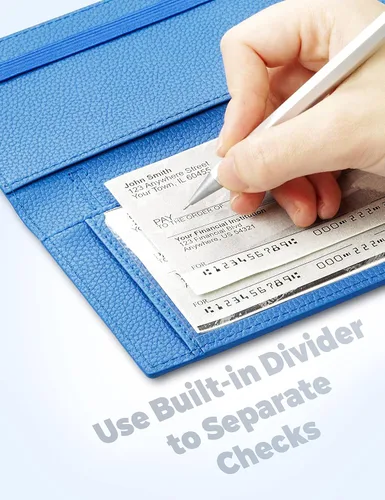 Vista 81 de Yarnic Funda para chequera personal, soporte para chequera con soporte para bolígrafo y divisor de plástico transparente integrado para cheques Rosa