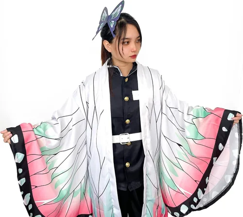 Vista 4 de CosTribe Disfraz de anime de Kochou Shinobu de Halloween, conjunto completo, traje kimono, capa tipo cárdigan, bata para mujer