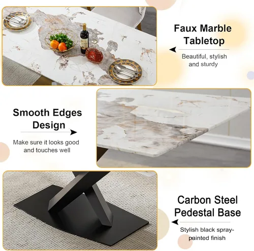 Vista 5 de Juego de mesa de comedor de mármol blanco de lujo para 6, 70 pulgadas, mesa de comedor de mármol blanco con 6 sillas de terciopelo verde y base