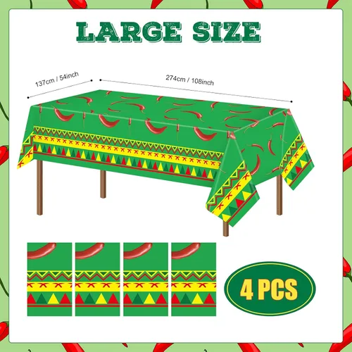 Vista 2 de Peryiter 4 piezas de decoración de fiesta de chile cocinero de 108 x 54 pulgadas, mantel de plástico para mesa rectangular, pimienta, suministros