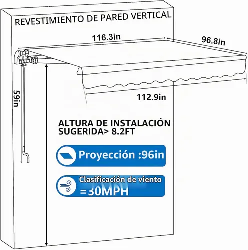 Vista 2 de VEIKOU Toldo retráctil de 10 x 8 pies, toldos para patio con toldo ajustable, toldo manual, toldo para ventana, refugio para puerta con marco de Gris
