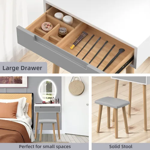Vista 8 de YOURLITE Pequeño escritorio de tocador con espejo y luces, escritorio de maquillaje con silla y cajones para espacio pequeño, tocador gris