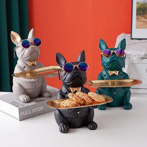 Vista 6 de Resin Bulldog Tray Statue Animal Sculpture Storage Bank Coin Dog French Table Home Candy for Decorations Home Decor Office Cute Butler Statues(Black)