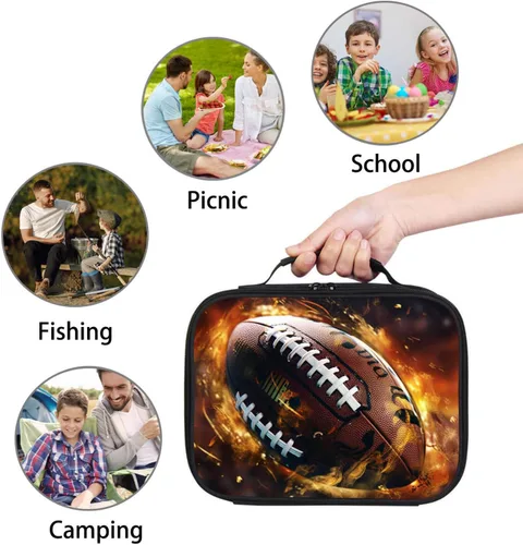 Vista 7 de Lonchera de fútbol americano para niños y niñas, bolsa de almuerzo escolar para niños, capa aislada, poliéster, a prueba de fugas, para niños a