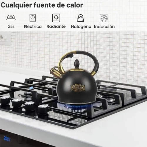 Vista 2 de Tetera silbante de 3 cuartos de galón clásica de acero inoxidable con agarre fresco para estufa Negro