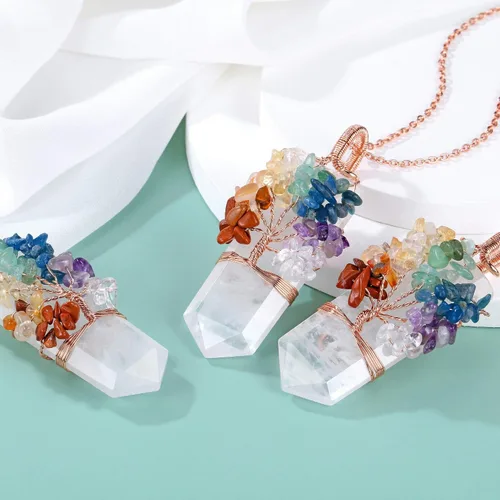 Vista 9 de Collar con colgante de árbol de la vida de 7 chakras naturales de cristal curativo de reiki, joyería para mujer para buena suerte, meditación